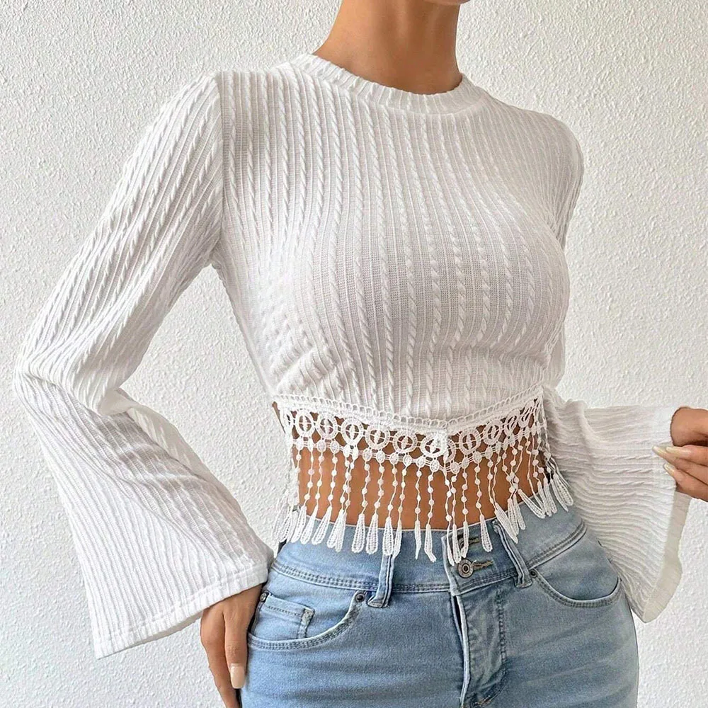 Elegant Short Sleeve T-Shirt with Fringe Design Bell Sleeve Cross-Border Spring Summer Cotton Top for Women Fashionable Casua...