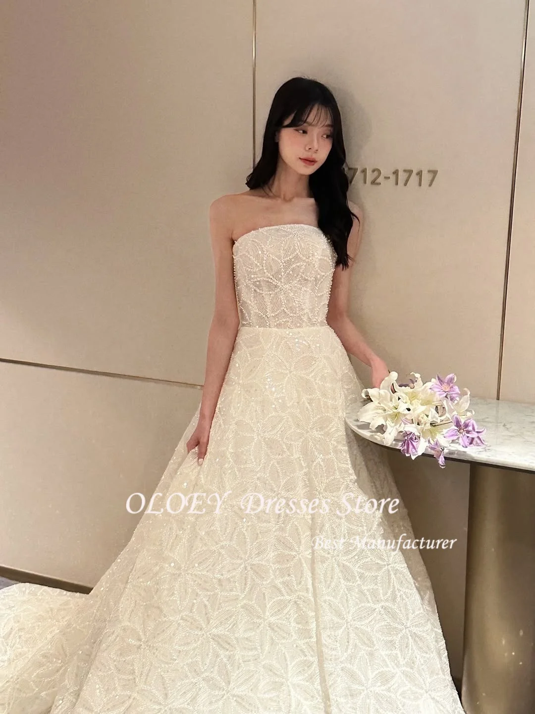 OLOEY Feenhafte Spitze, trägerlos, A-Linie, Brautkleider, quadratischer Kragen, neues koreanisches Fotoshooting-Brautkleid ienia Singap Sierra Özelleştirilmiş 2025