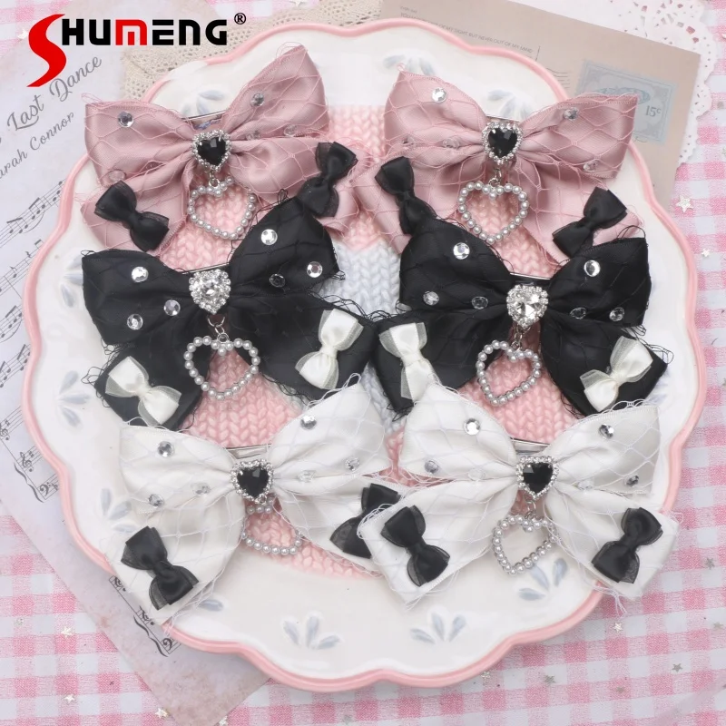 Japanese Mine Series Side Clip Cute Fishnet Love Pearl Pendant 2024 New Lolita Bow Rhinestone Barrettes Pair of Hairclips Female