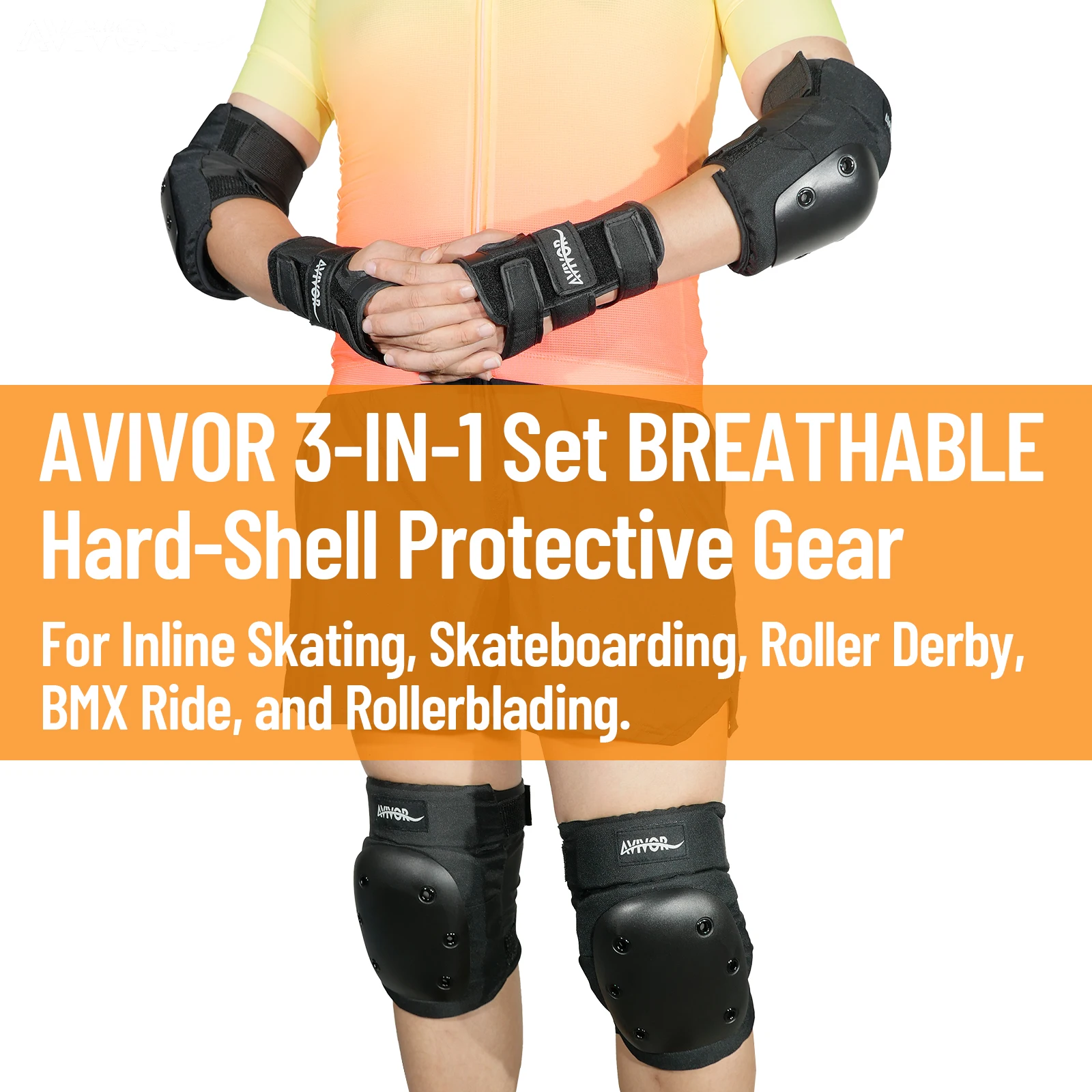 AVIVOR Knieschützer, Ellenbogenschützer, Handgelenkschützer-Set für Inline-Skaten, Skateboarden, Roller Derby, BMX-Fahrt und Rollerblading. – Detail 2
