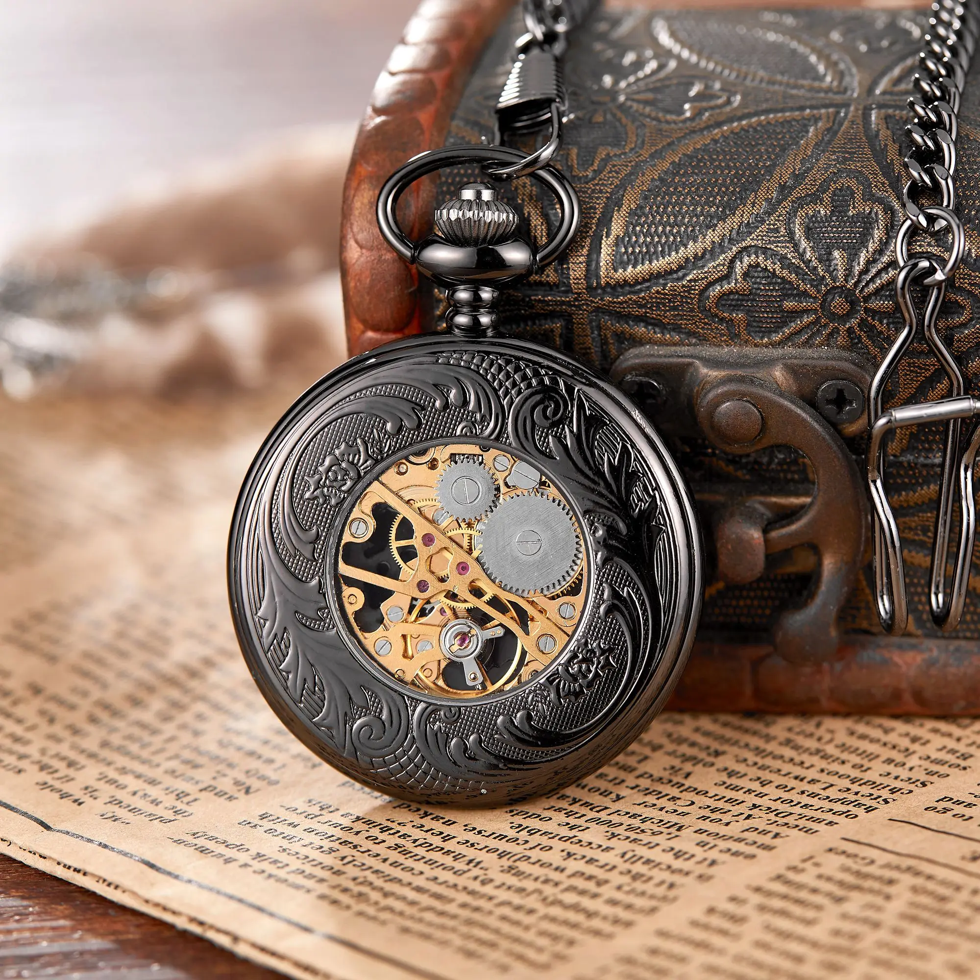 Unique Black Silver Pocket Watch Mechanical Hand-Winding Fob Watch Roman Numerals Dial Retro Clock Chain Pendants
