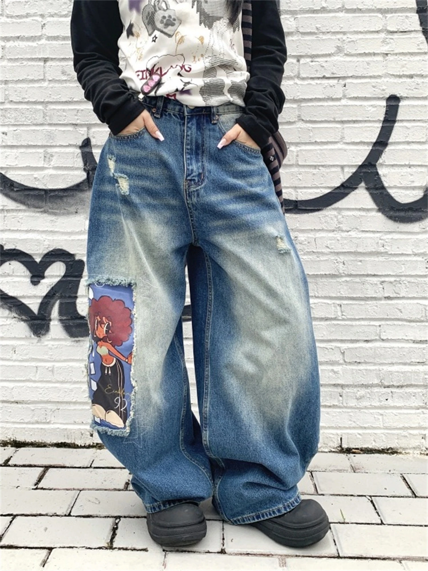 

Women's High Waist Wide Leg Light Blue Jeans Vintage Washed Distressed Cartoon Patch Y2K Streetwear Denim Trousers
