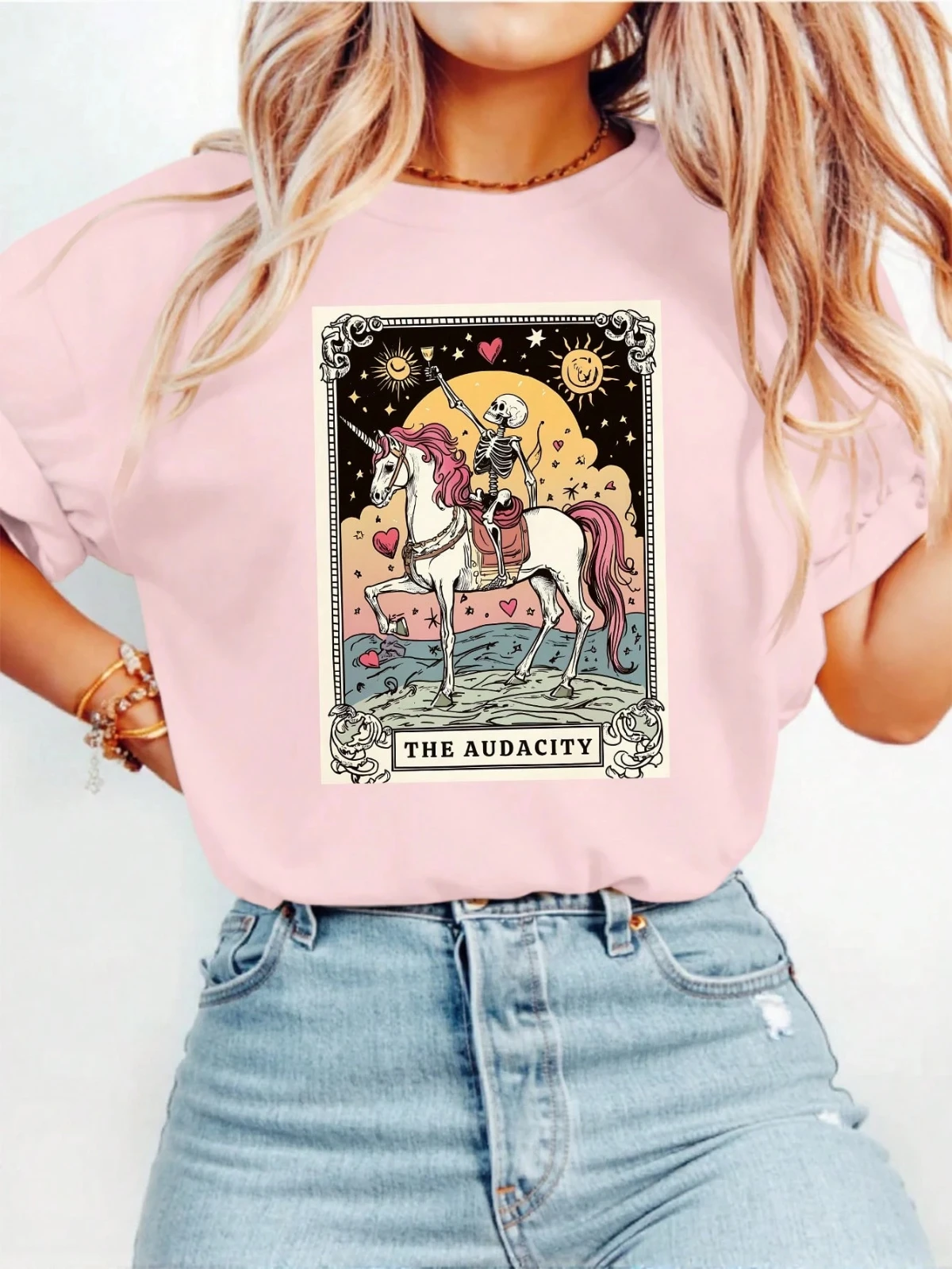 

Bold Skeleton Unicorn Tarot Card Print T-Shirt Summer Women Short Sleeve Top Round Neck Fashion