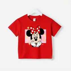 Kids Girls Red T-shirt Cartoon Minnie Mickey Print Kids Summer Girls Cotton Casual T-shirt Quick drying round neck short sleeve