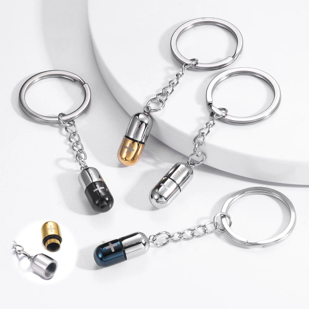 Hohle Pille Schlüssel bund für Männer Frauen Edelstahl Feuer bestattung Schmuck Kreuz Asche Denkmal Schlüssel ring Geschenk