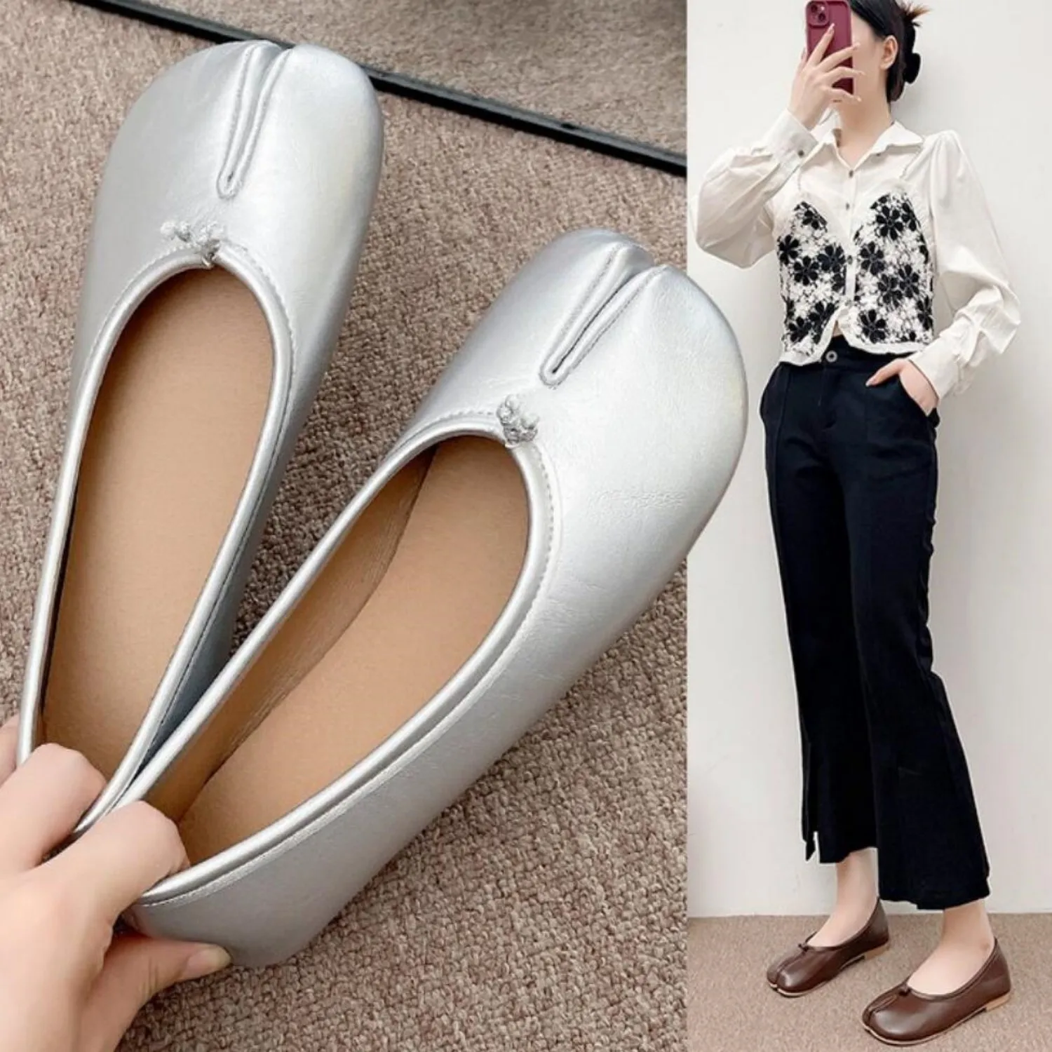 Japanese Style Tabi Ninja Shoes Women Cozy Leather Flats Split Hoof Toe Loafers Femme Mary Jeans Mocasines Ladies Ballerina Shoe