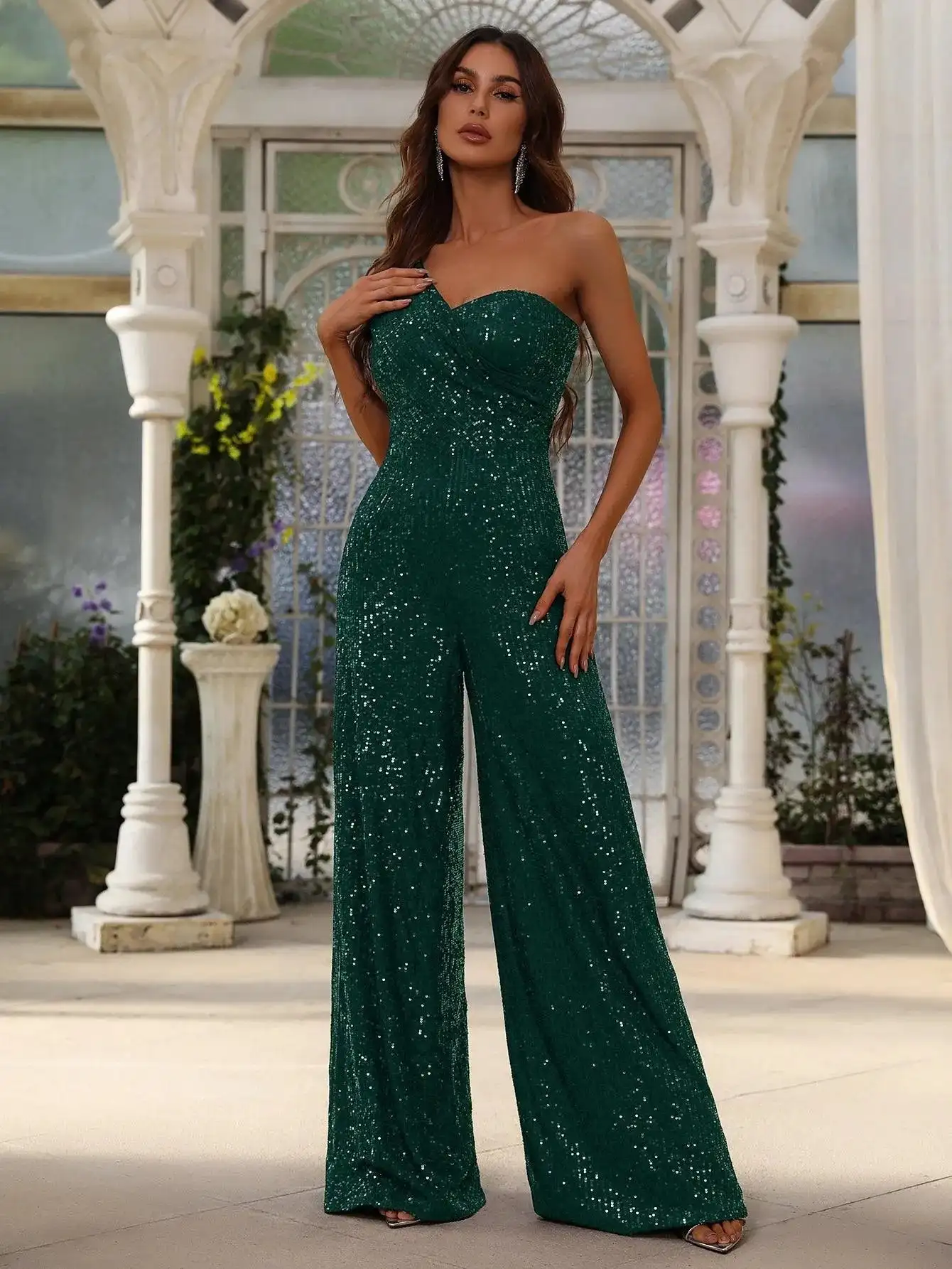 One Shoulder Sleeveless Sequin Party Jumpsuit