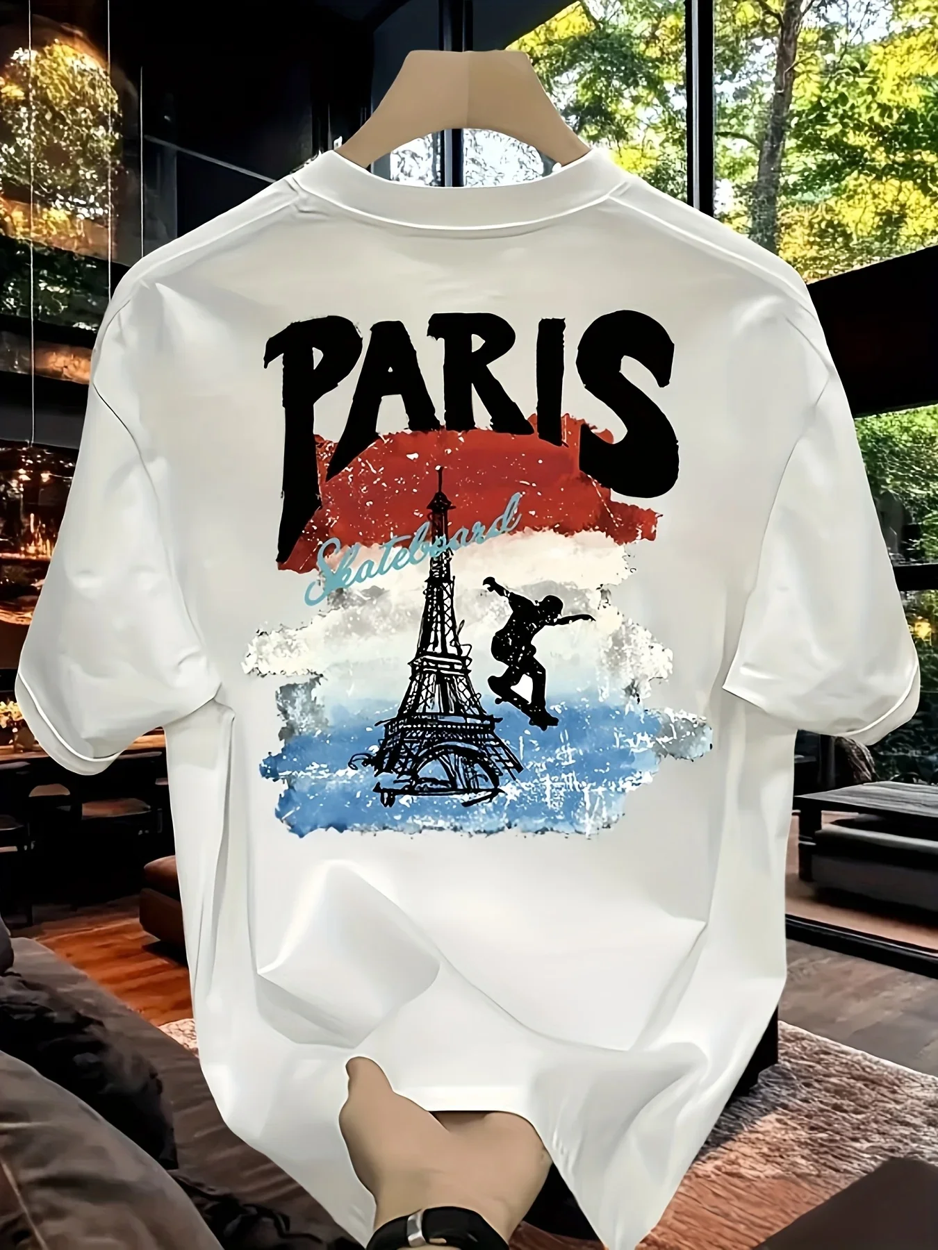 

Summer men's heavyweight 100% cotton T-shirt, Paris, Eiffel Tower, skating, Harajuku pattern printed loose casual short-sleeved