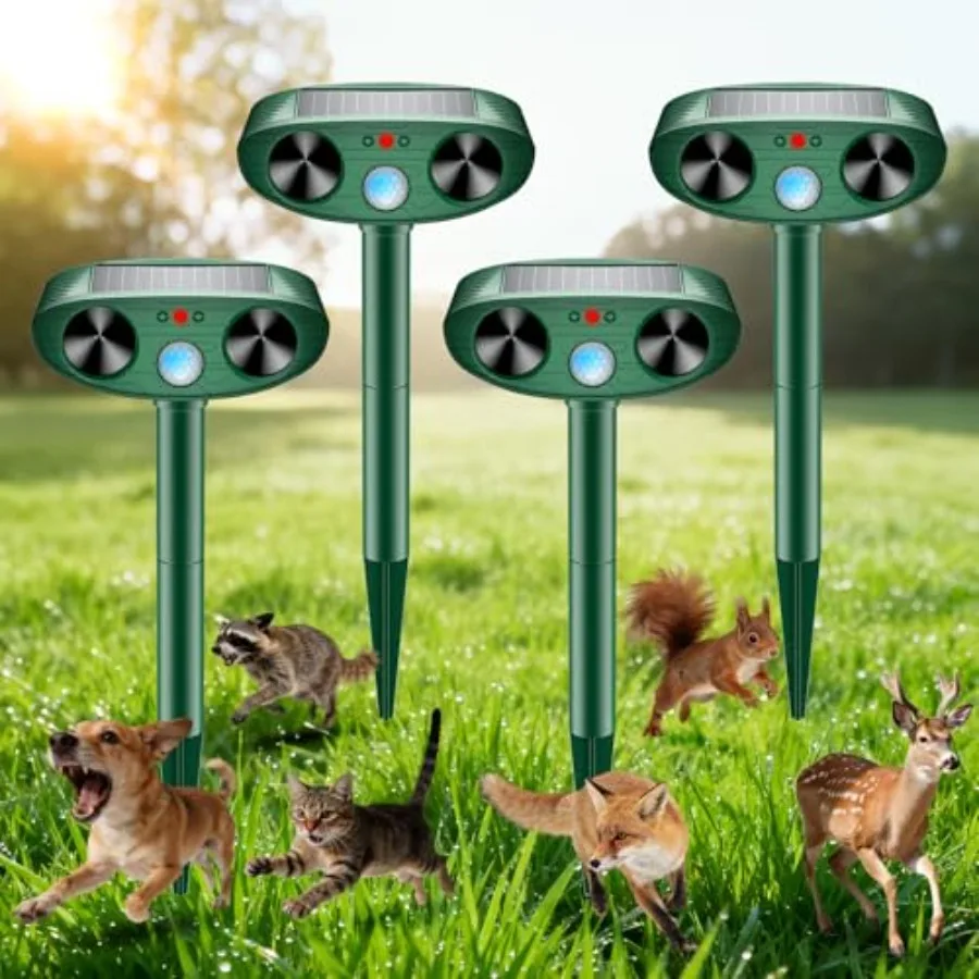 

Outdoor solar ultrasonic animal repellent for deer, cats, rodents, squirrels, raccoons, opossums, skunks; ABS plastic, black; I