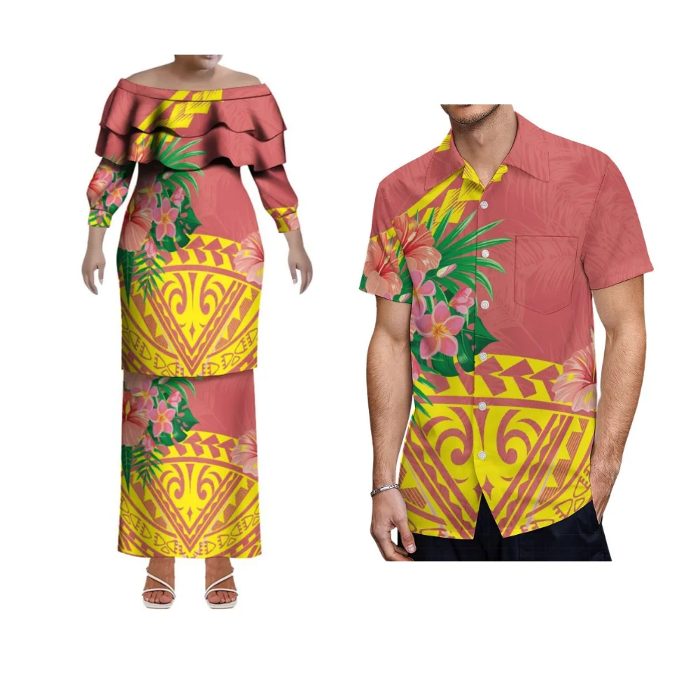 Colar de folha de lótus polinésia pletasi casal dupla camada vestidos de noite feitos sob encomenda samoan ternos de casal camisas masculinas