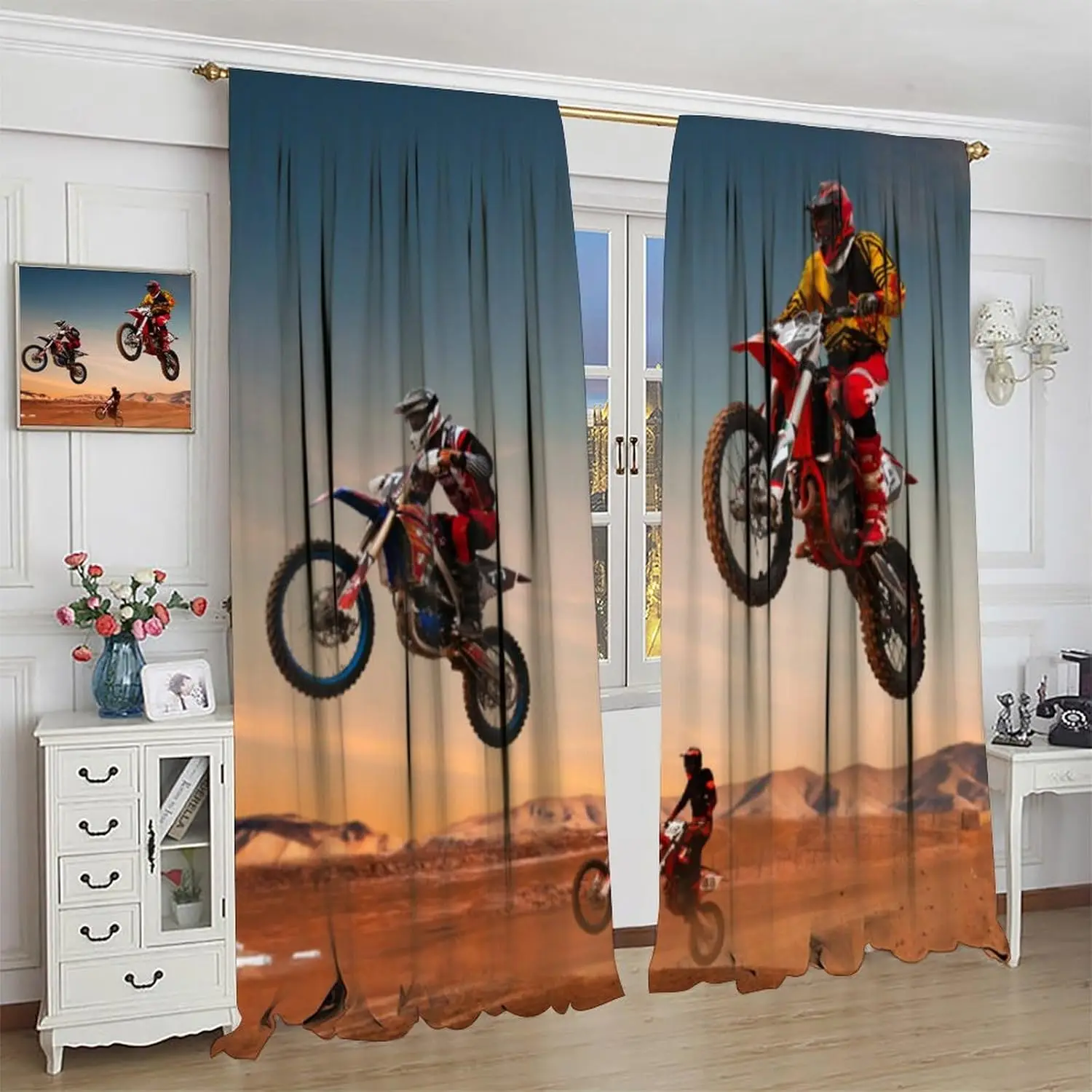 Dirt Bike Curtains Desert Cross Country Races Motocross Rider Extreme Sports Blackout Window Treatment for Kids Boys Bedroom