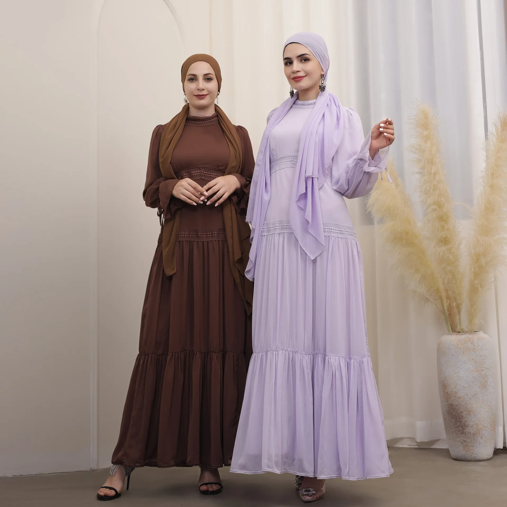 Vestido longo de chiffon muçulmano para mulheres, Abaya, Dubai, Renda, Plissado, Luxo, Kaftan, Elegante, Africano, Roupas islâmicas, Festa