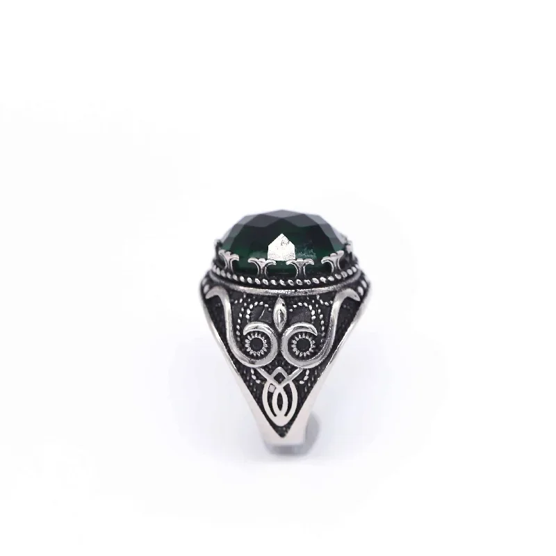 Emerald Stainless Steel Handmade Ring Turkish Inlaid Emerald Muslim   Attend Domineering Arab Jewelry Noble Man Rings