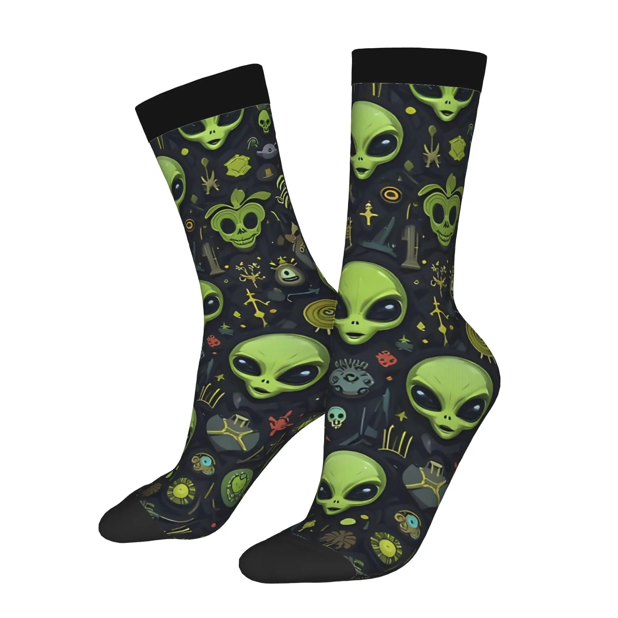 Funny Sci Fi Alien Head Green Space UFO Pattern Pattern Crew Socks, Novelty Crazy Graphic Tube Socks, Fun Gift Idea for Men