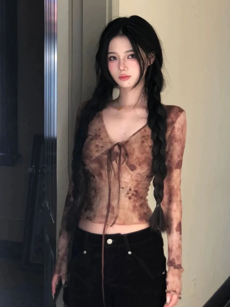 Women Sexy V Neck Long Sleeve Mesh Top Fall Lace Up Ruched Ombre Print Slim Fit Cinched Waist Sheer Blouse