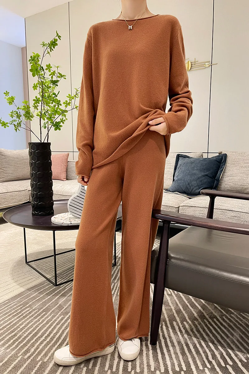 

Autumn Winter Woolen 100% Merino Wool Trousers Suit Pullover Sweater Basic Comfortable Long Sleeve Fashion Leisure Clothes