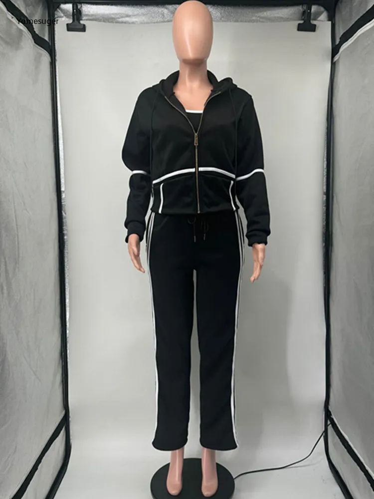 Yomesugar Casualowy Zestaw Polarowy 3-częściowy Damski Kontrastowy Komplet z Wstawkami: Top na Ramiączkach + Kurtka z Kapturem z Długim Rękawem + Spodnie ze Sznurkiem, Dres