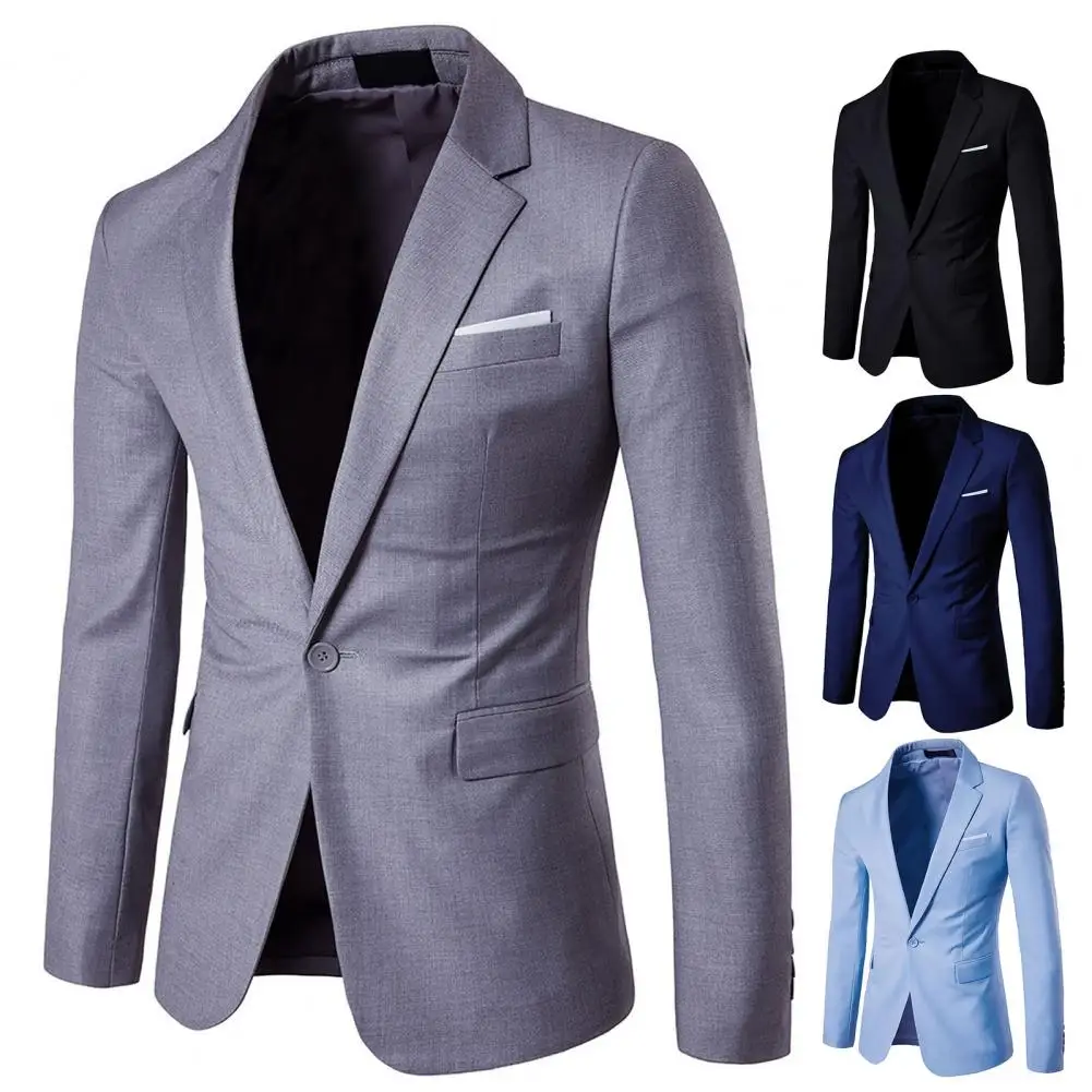 

2026 Men Blazer Single Button Solid Color Turndown Collar Plus Size Slim Pockets Suit Coat For Office Male Formal Banquet Blazer