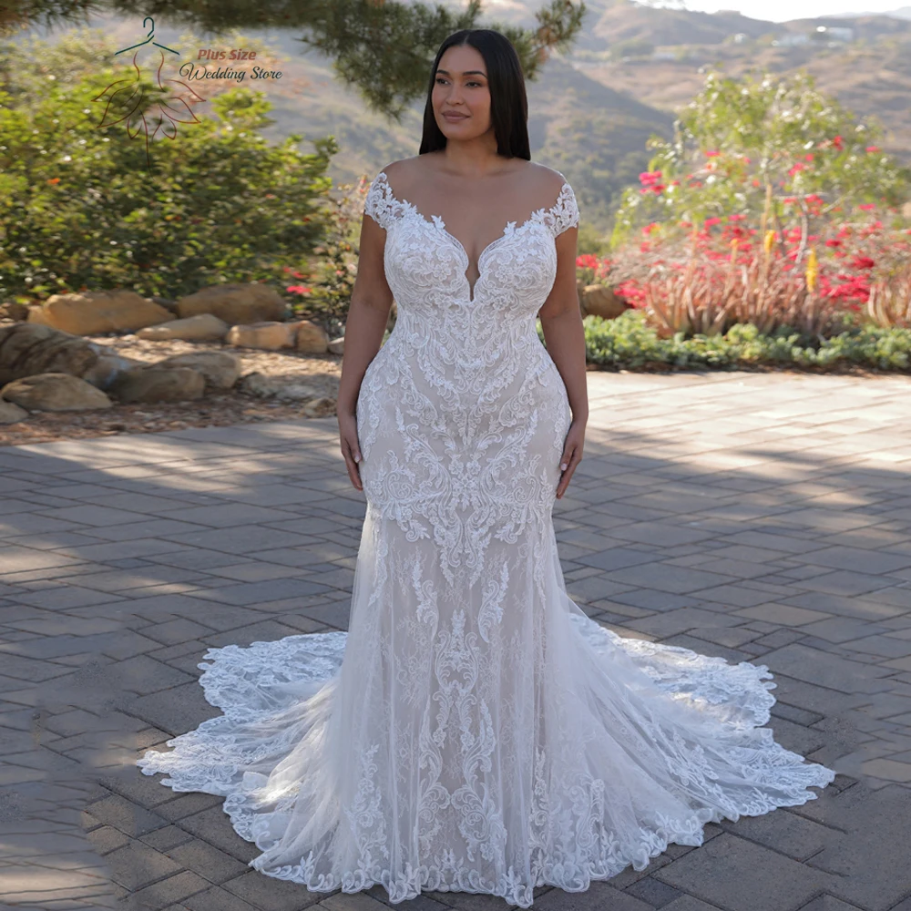 

Exquisite Mermaid Wedding Dresses Plus Size Off the Shoulder Sleeveless Bride Gowns Lace Appliques Sweep Train Vestido De Noiva