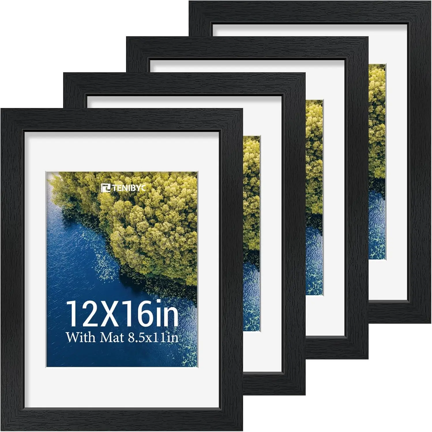 

12x16 Picture Frame Set - 4 Pack, Black Solid Wood Photo Frames - Tempered Glass - Displays Photos 8.5x11 with Mat or 12 x