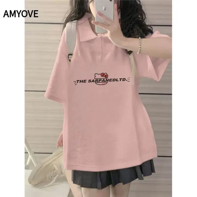 

Хлопковая футболка с коротким рукавом Hello Kitty, мужская и женская летняя свободная футболка больших размеров, повседневный трендовый свободный топ с принтом Hello Kitty