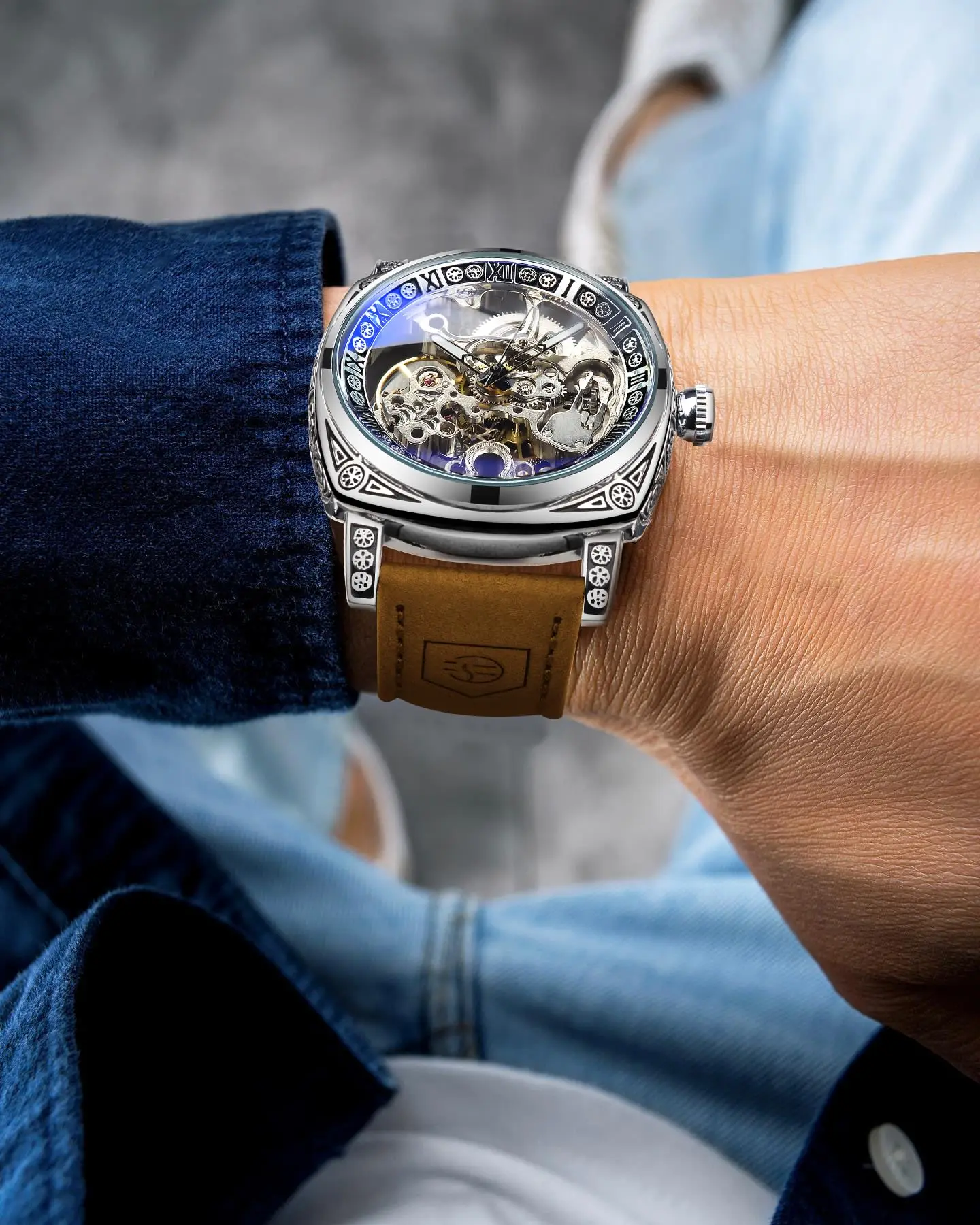 포르시닝 레트로 조각 남성용 오토매틱 기계식 시계 고급 방수 패션 브라운 천연 가죽 손목시계 남성용 선물