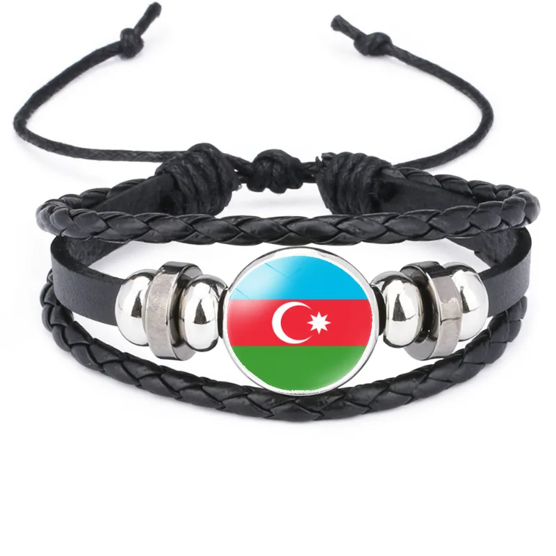 Asian National Flag Pattern Leather Bracelet Black Hand Woven Bracelet Türkiye Japan Korea