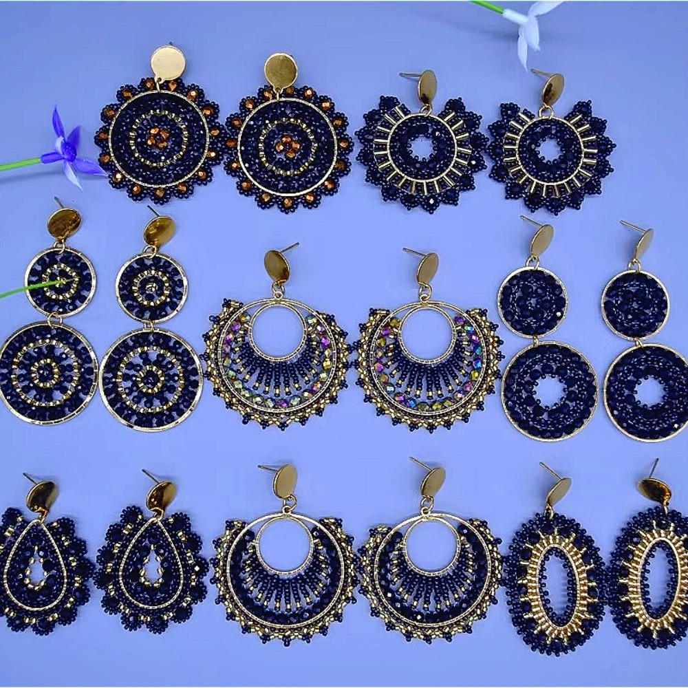 Beaded earrings Ellipse  Crystal Black Hand knitting Bohemia Alloy  Female Water drop Double-deck Hollow out Rice bead earrings
