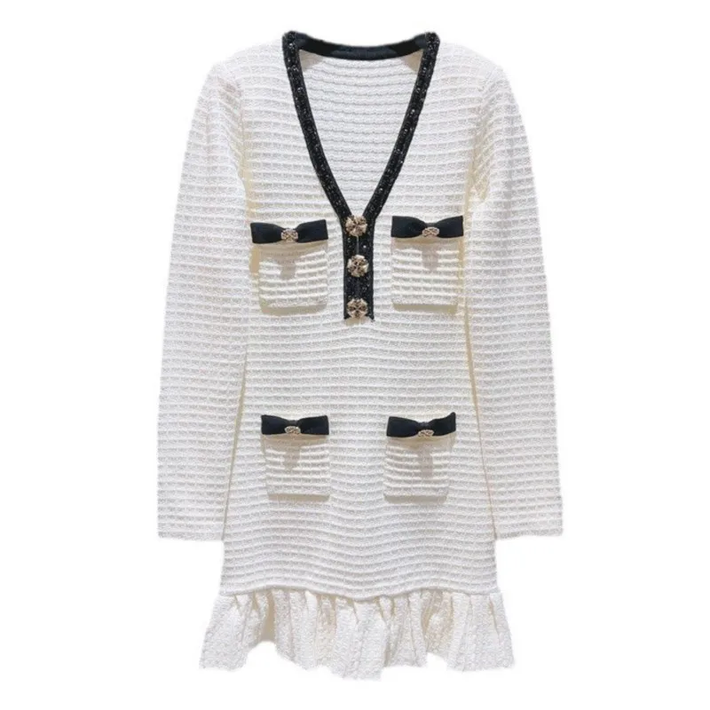 

Women's knitted dress 2024 spring/summer new socialite style V-neck sequin contrasting diamond buckle knitted slim fit dress