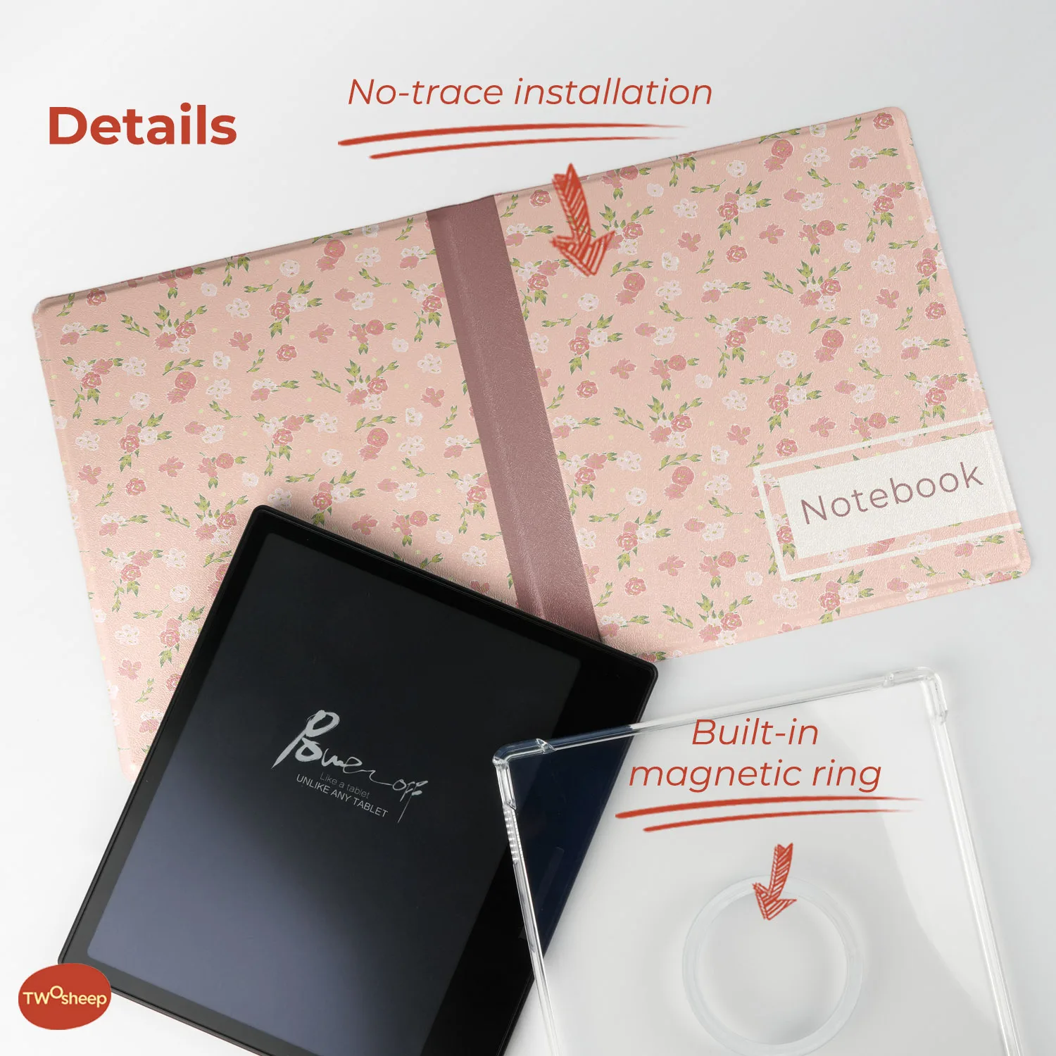 twosheep Floral Notebook Abnehmbare magnetische Hülle passend für Boox Go7 Go Color7 GenII GenI Leaf3 Leaf3c Leaf2 7" Auto Sleep Shell – Detail 2