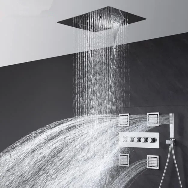 Bathroom Rainfall Shower Set 480*590mm Embedded Ceiling Rain Showerhead Set Thermostatic Diverter Valve with Massage Body Jets