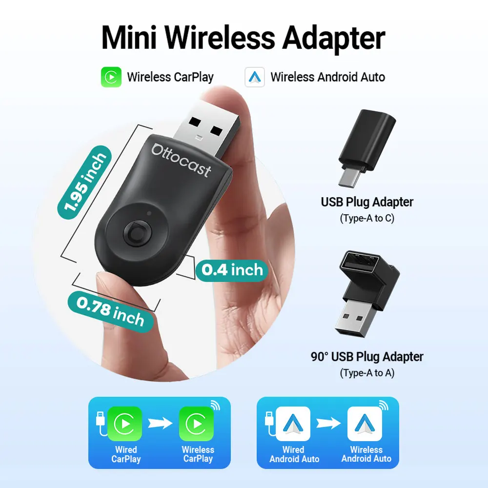 

Ottocast Mini Wireless CarPlay Android Auto Adapter 2 In 1 Car Accessories One Click Disconnect Plug And Plug New Arrival 2025