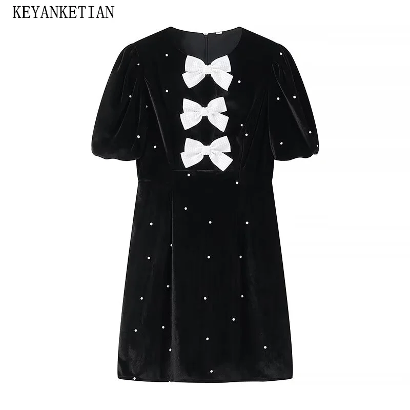 

KEYANKETIAN 2024 New Launch Bow Pearl Decoration Velvet Dress Puff Sleeve Chic Sexy Hollow out Black Mini Dress Slim Party Dress