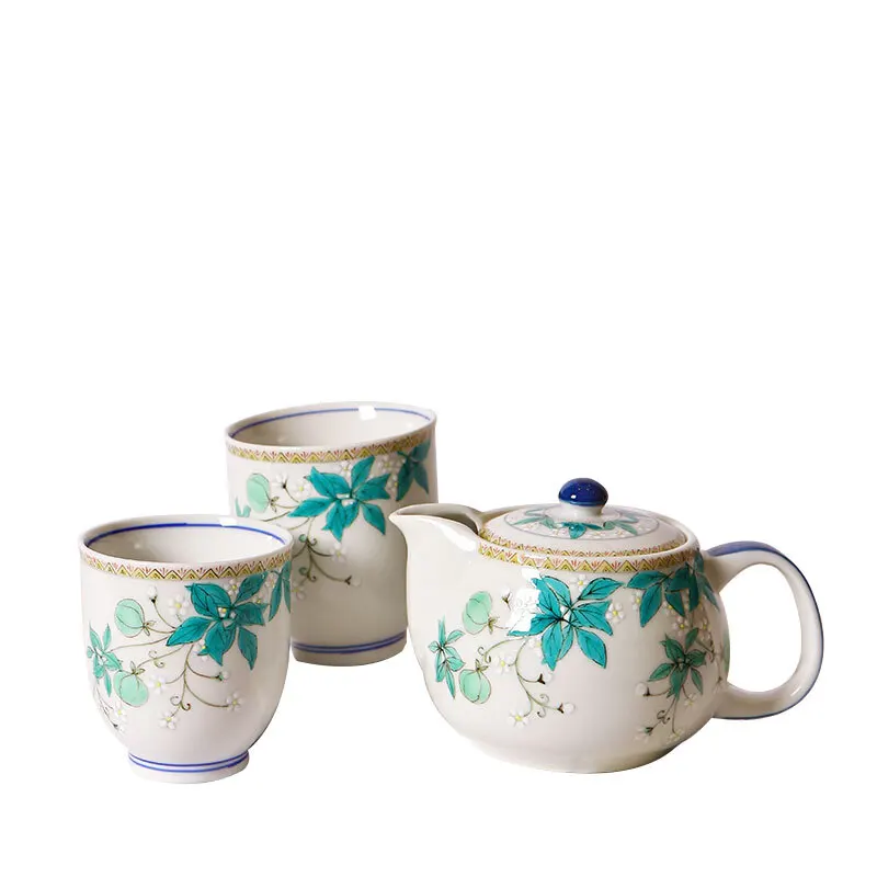 Japanese Kugaya Style Wer Patterned Teapot With Strainer Set Of One Pot And Two Cups