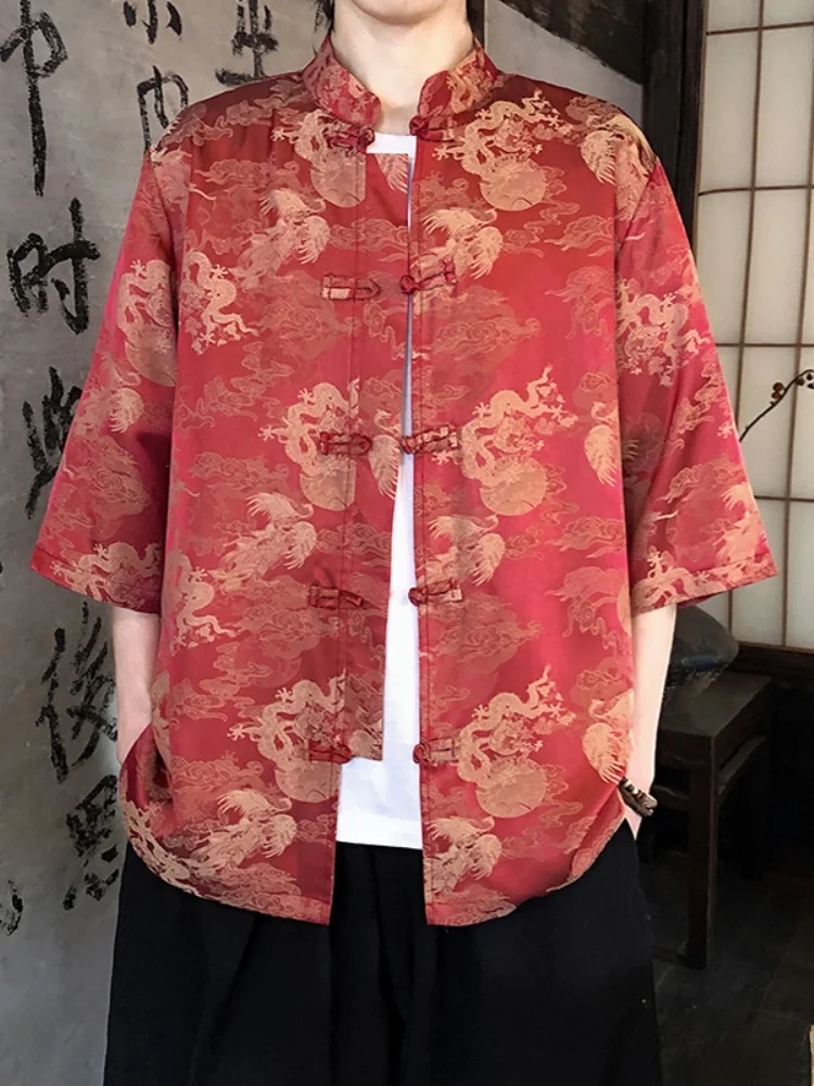 

Мужская летняя рубашка из ледяного шелка с коротким рукавом, новая, в китайском стиле, с вышивкой, на пуговицах, с воротником-стойкой, в стиле Тан, Ханьфу, тонкая, с цветочным принтом