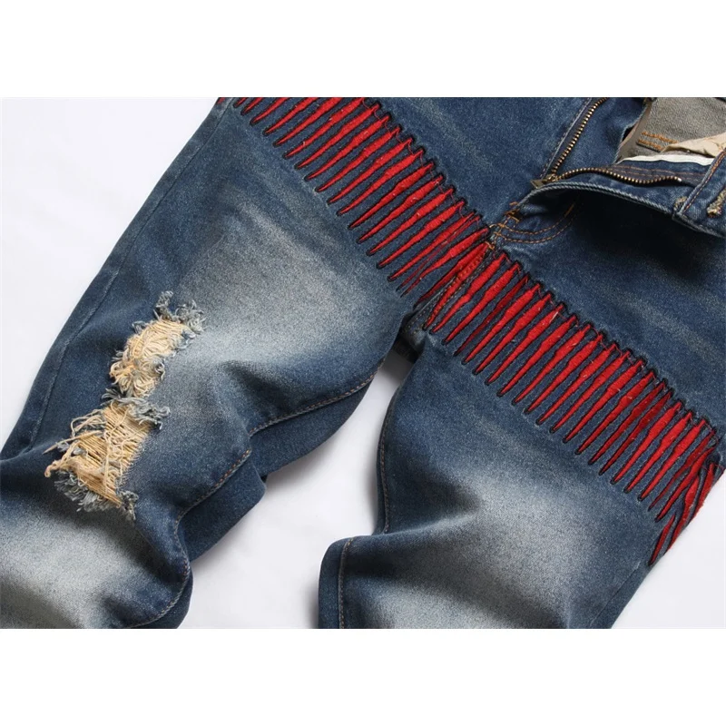 Jeans rétro en lambeaux pour hommes, broderie personnalisée, mode de rue, marque, coupe couvertes, pieds déFlex, haut de gamme, fjj