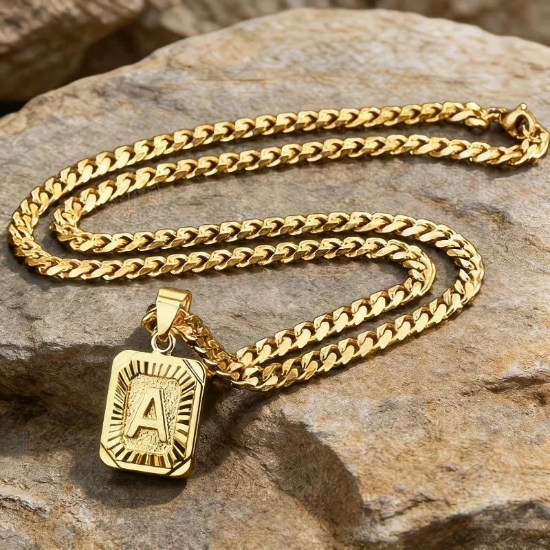 1pc 6-Sided Cut Cuban Chain Letter A Pendant Necklace with Lobster Clasp Stainless Steel Collarbone Necklace for Unisex