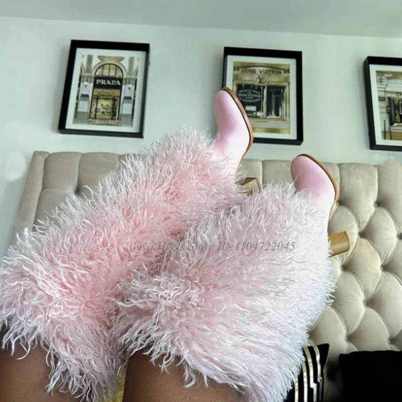 Baby Pink Furry Sexy Knee High Boots Women's Round Toe Leather Chunky Heel Red/Black Long Boot Luxury Designer Party Shoes