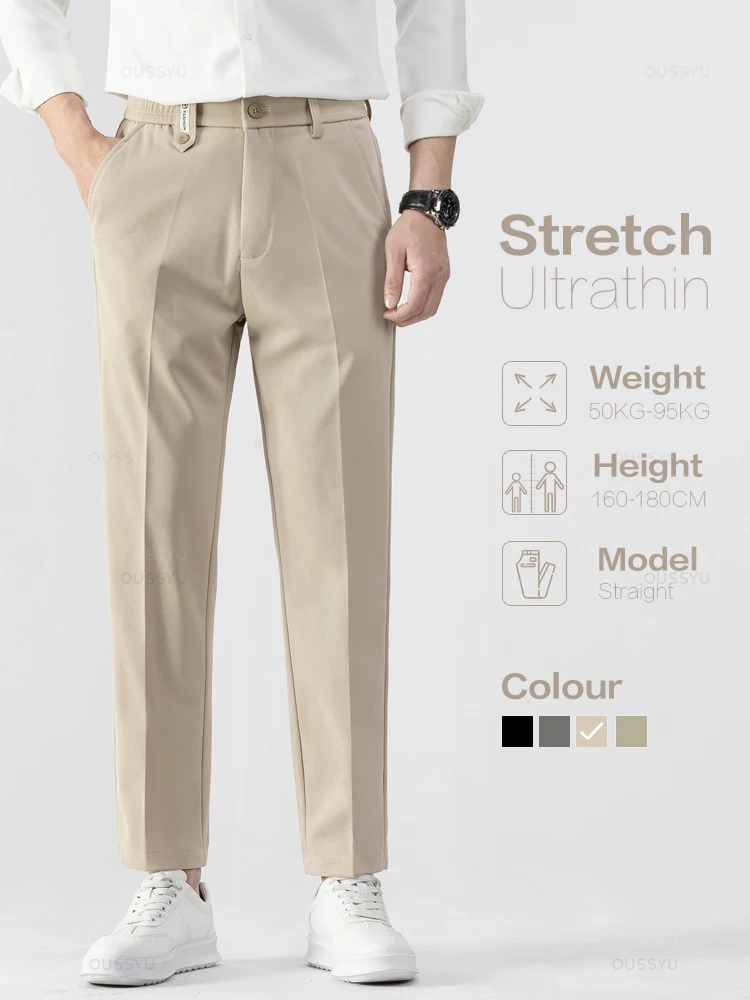 Brand Clothing Summer Men's Ankle-Length Suit Pants Thin Business Straight Elastic Waist Grey Office Work Formal Trousers Male