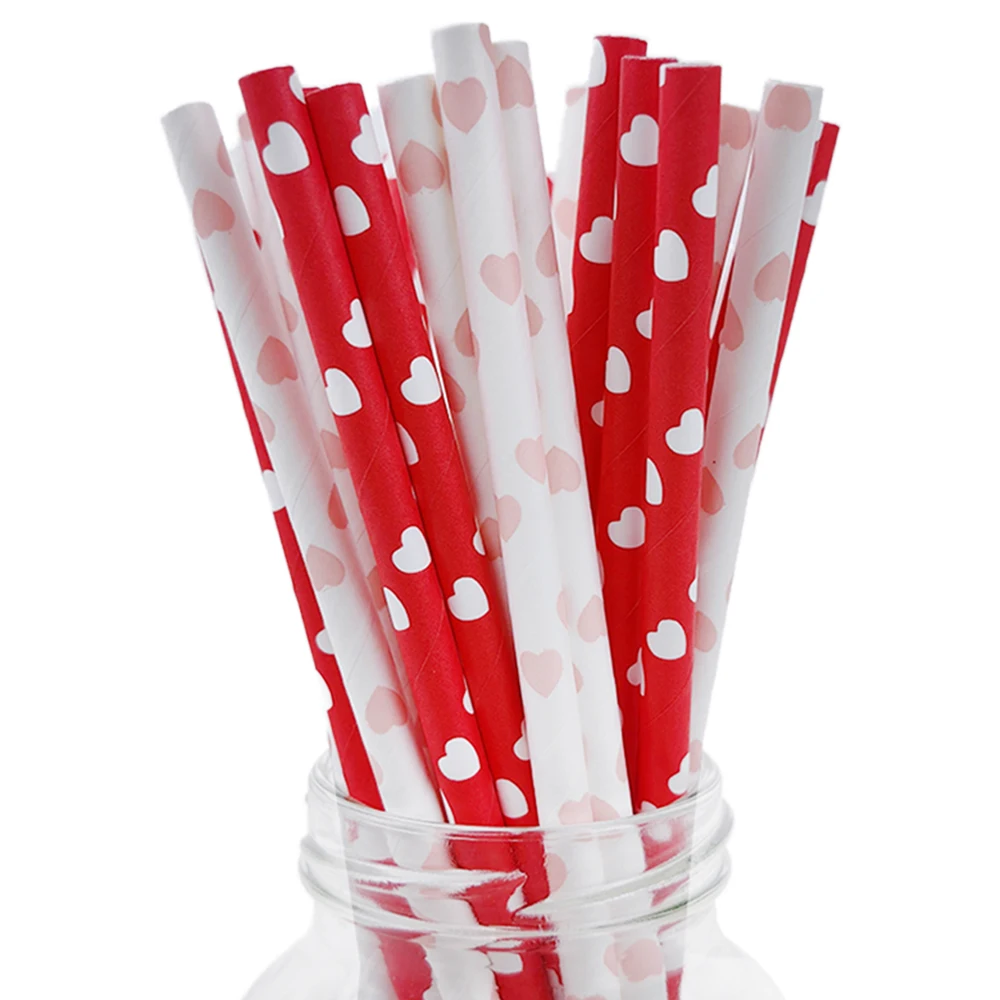 50pcs Valentine Paper Straws Red Heart Straws for Birthday Valentines Wedding Party Decors Biodegradable Paper Drinking Straws