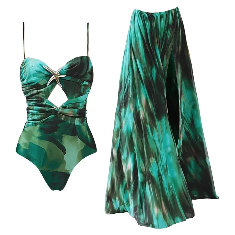 

Women Swimwear Green Printed Folds Cotout One Piece Swimsuit and Skirt Beachwear bikini Two piece Bathing Suit