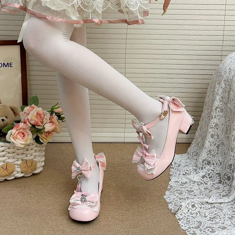 Japanese Kawaii Lolita Style Shoes Sweets Lace Bow Metal Button Mary Jane Shoes Y2k Low Heeled Head Flats Birthday Party Shoes