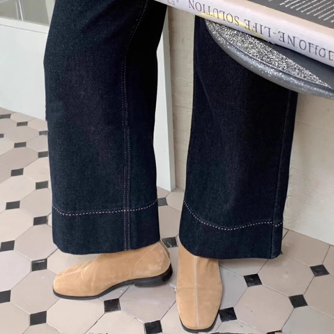 Women Denim Pants Casual Loose Pant Pockets Solid Wide Leg Trousers Lady Spliced Button Jeans Distressed Autumn Slight Strech