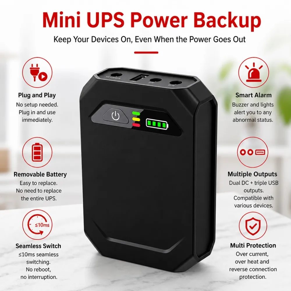 Mini DC UPS 10400mAh Emergency Backup Power Supply 5V 9V 12V With Replaceable 18650 Battery For Router Modem CCTV And ONU Device