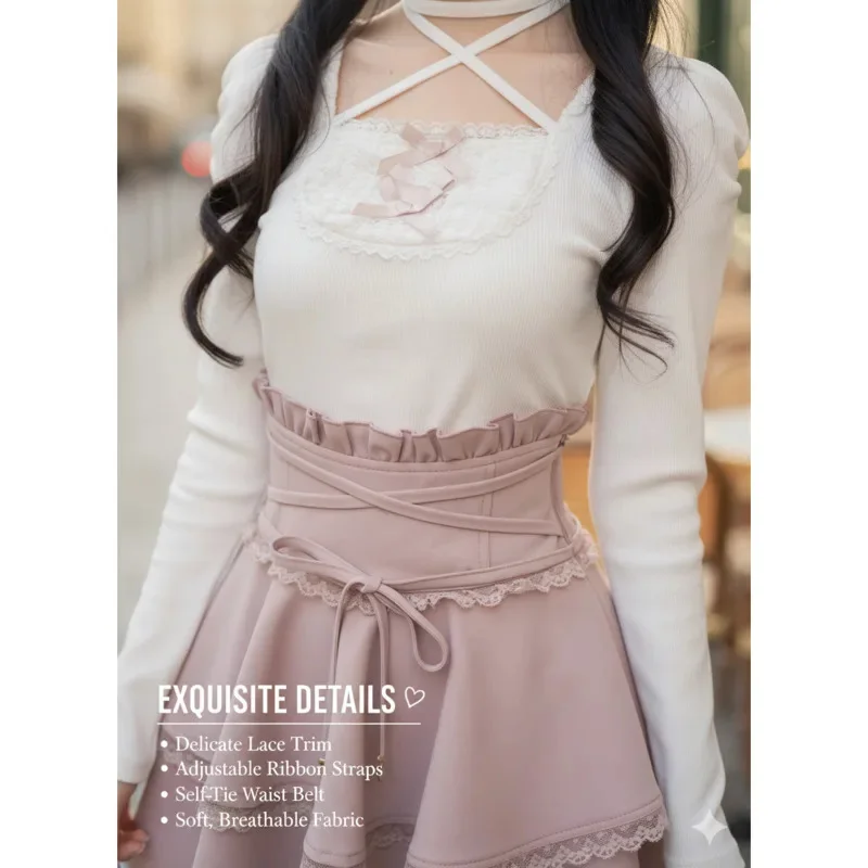 

Y2K Aesthetics Fake 2 Set Bow Gentle Lace Landmine Top Strap Halter Neck Long Sleeve T-Shirt Girl Autumn Winter Layer Top New