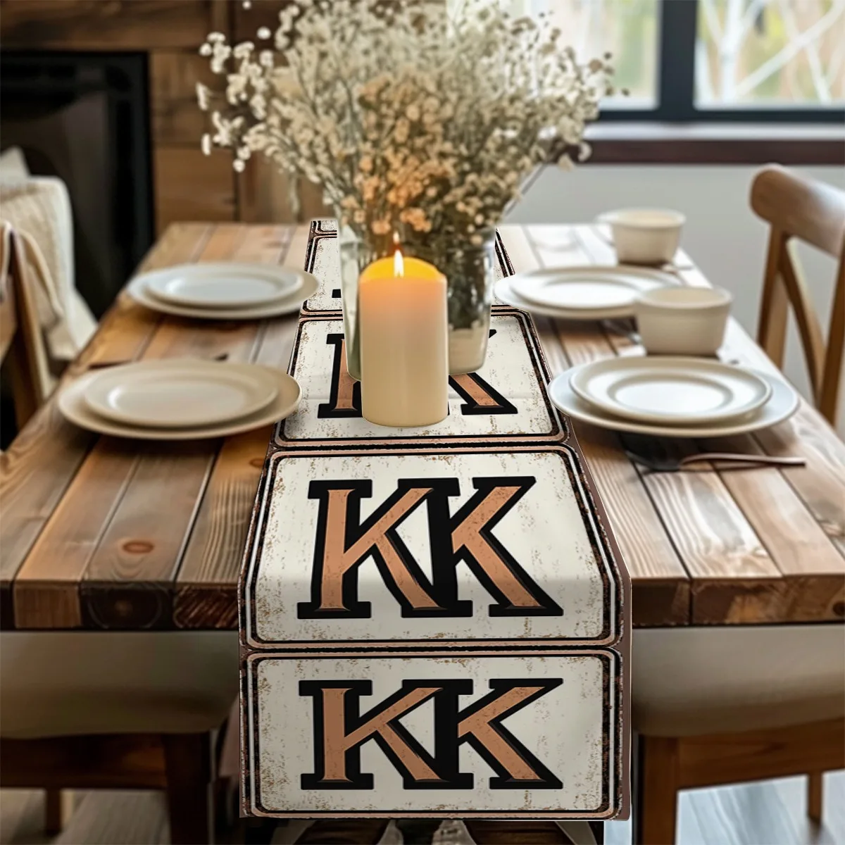 decor table runner Vintage Initial Letter K Print Rustic Style tablecloths for Housewarming,Occasions,Outdoor Gatherings,Indoor