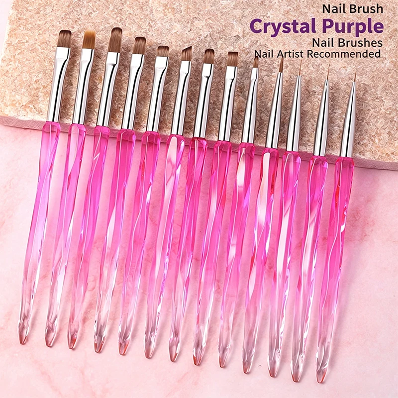 13Pcs Crystal Purple Transparent Nail Art Brush Set Soft Bristle UV Gel Builder Liner Gradient Flower DIY Salon Manicure Tools