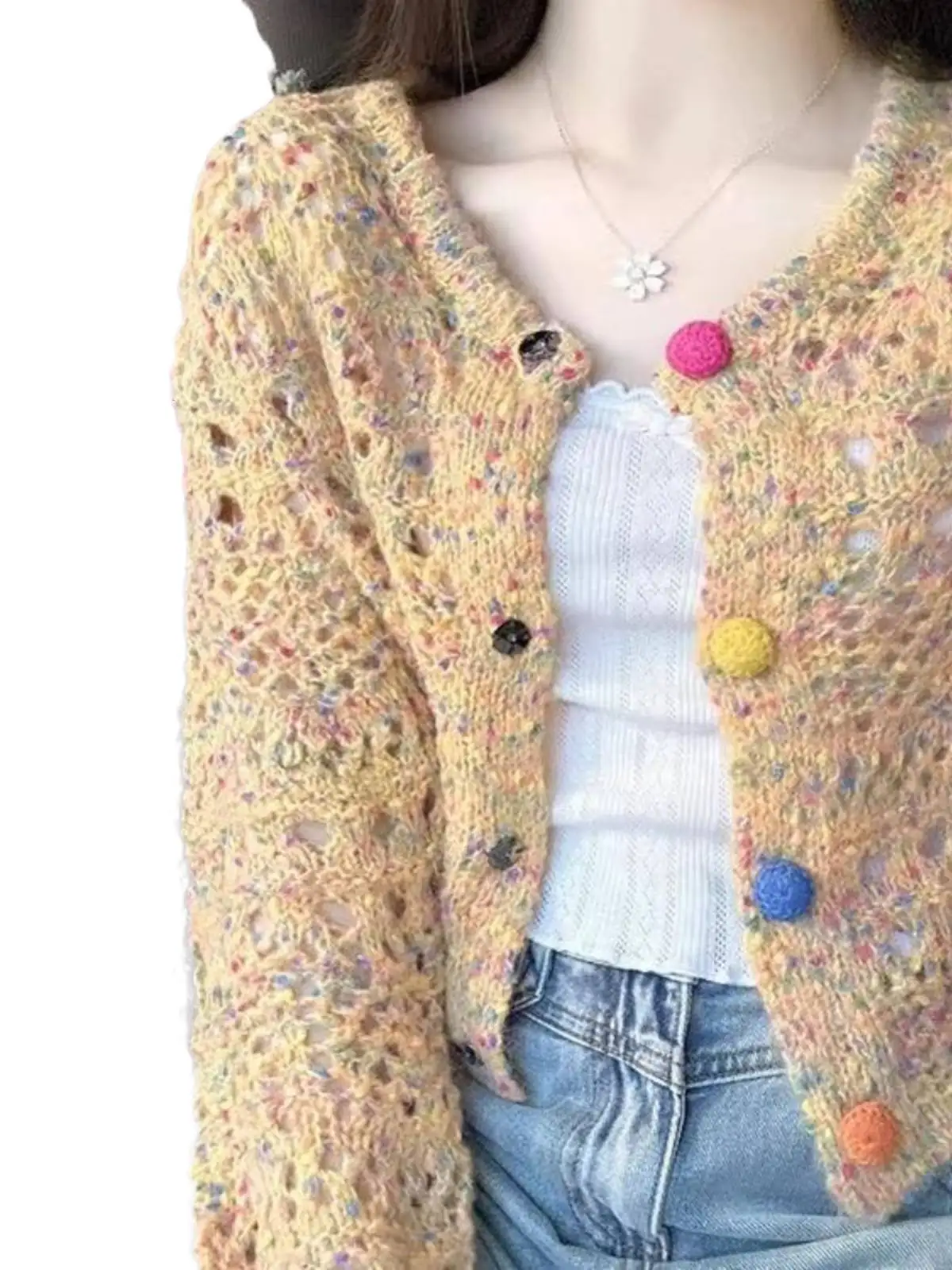 

Элегантный французский свитер с вырезами, сладкий карамельный цветной вязаный кардиган на пуговицах, женский весенне-осенний короткий стиль ленивого цвета