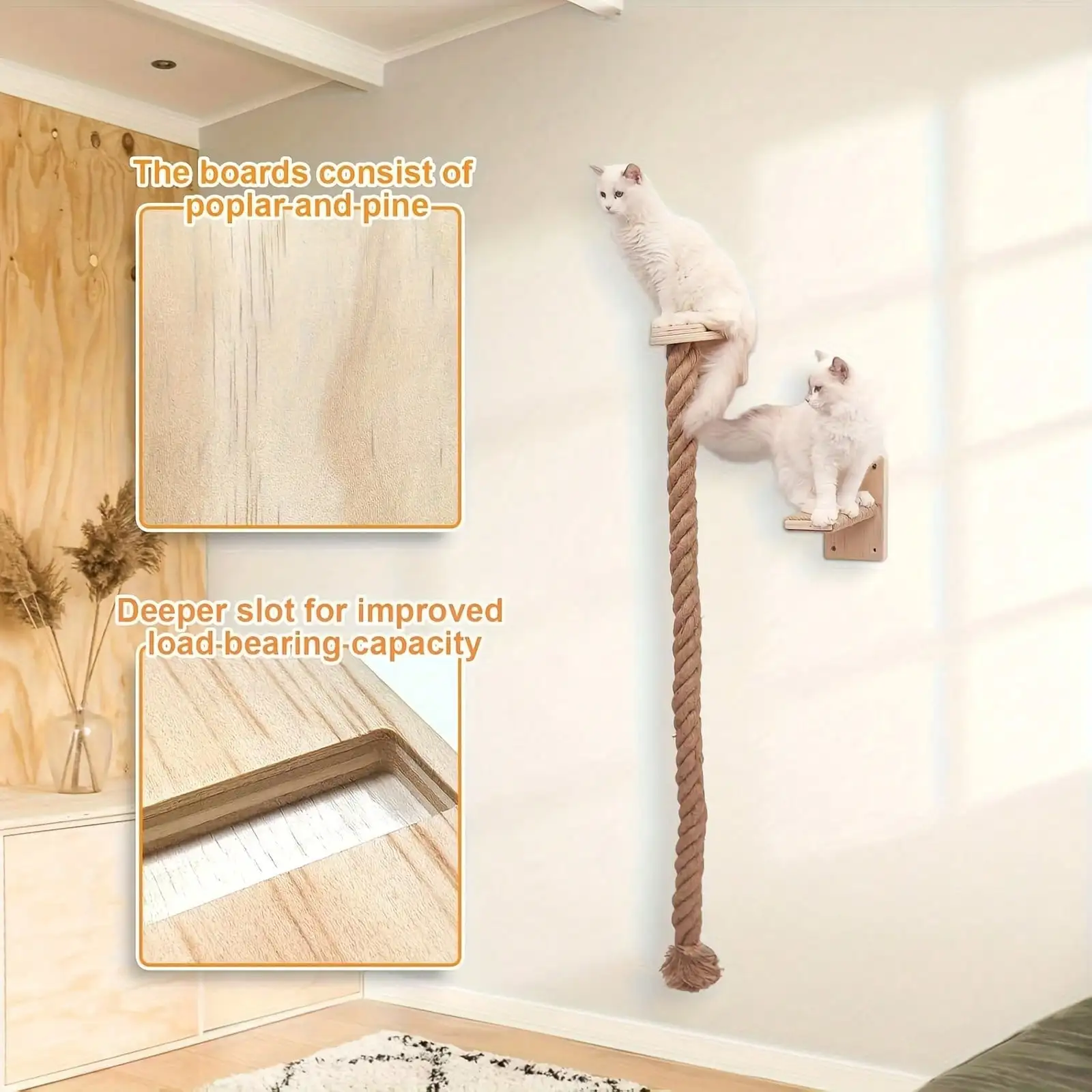 Wall Mounted Cat Sisal Rope Scratching Rope Wooden Cat Climbing Perch Heavy Duty Reinforced Cat Wall Furniture Chew Resistant Durable Cat Scratcher Toy For Indoor Cats