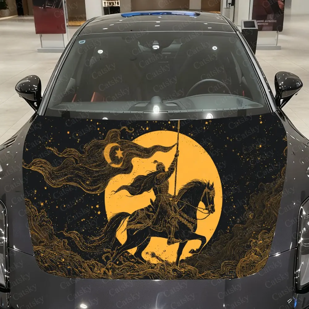 Gilded Cloud & Battle Flag Knight Car Vinyl Wrap, PVC Waterproof Car Hood Sticker, Self-Adhesive Scratch-Resistant Stickers